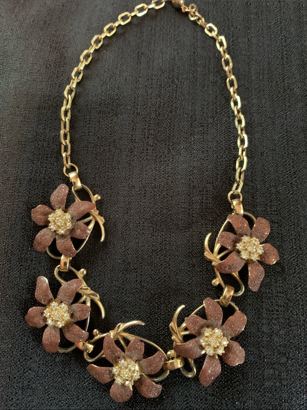 Vintage Gold-Tone Floral Statement Necklace with Brown Glitter Petals